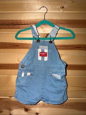 Vintage OshKosh B'gosh Light Blue Denim Shortalls with Striped Strap Details